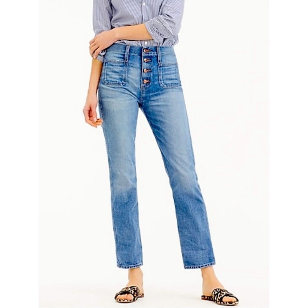 Point Sur Denim High-Rise Button-Fly Demi Boot Jeans with Patch Pockets